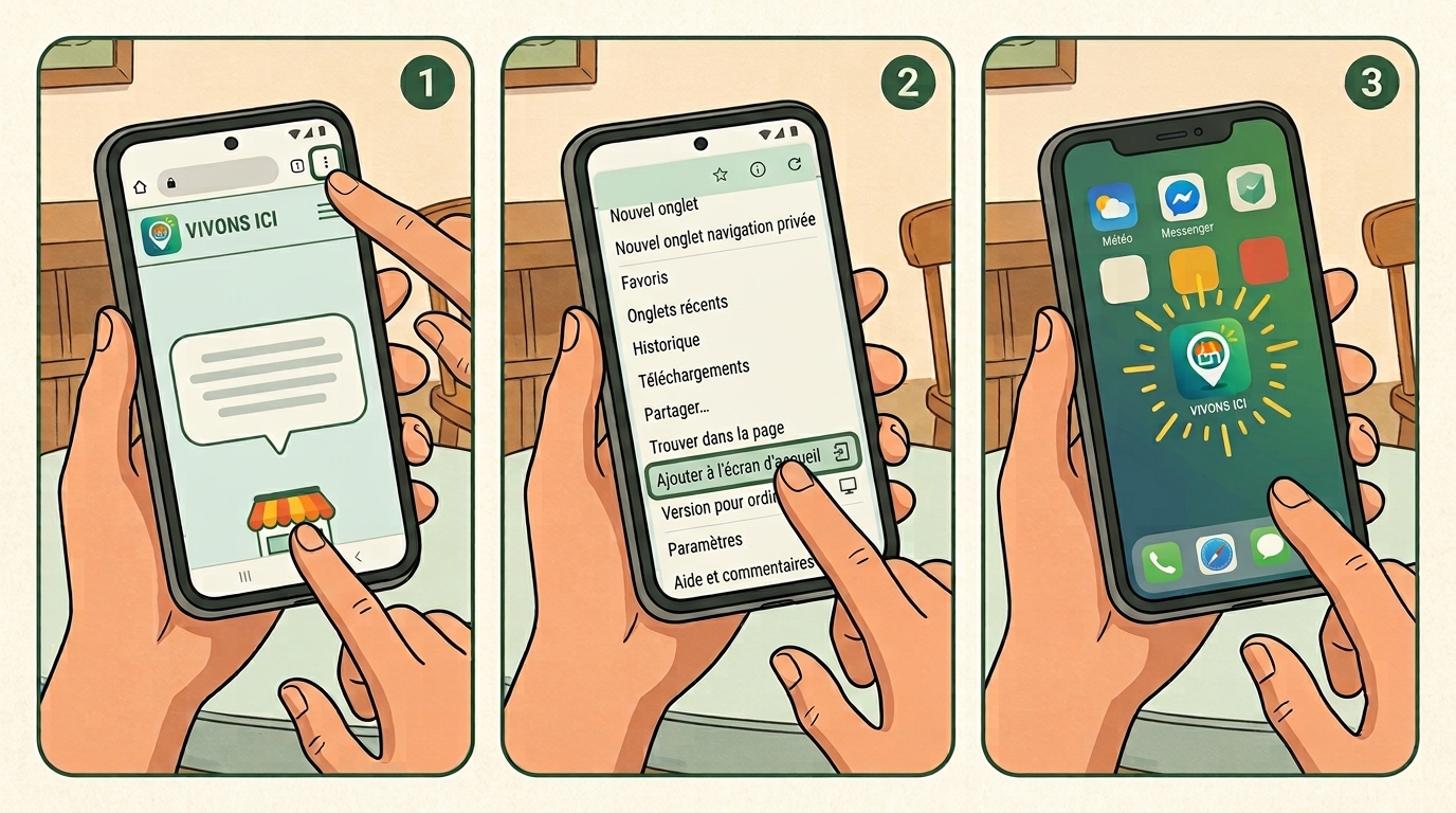 Les trois gestes sur Android : menu à trois points, Installer l’application, Installer