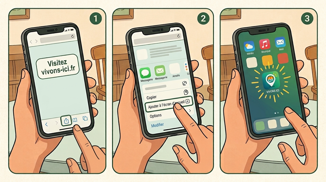 Les trois gestes sur iPhone : bouton Partager, Sur l’écran d’accueil, Ajouter